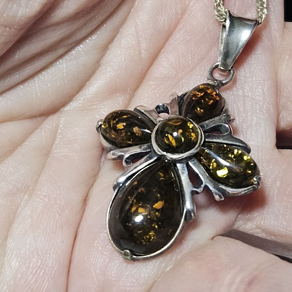 Vintage Sterling Silver Amber Cross Pendant Necklace Yellow Golden 18" - Picture 3 of 15